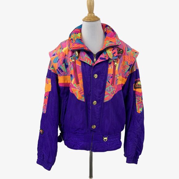 Vintage Ellesse Jacket Womens M Medium Colorful Belted Retro Groovy Ski Bomber